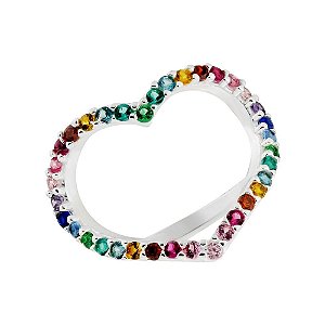 Anel feminino com coração cravejado colorido - PRATA 925
