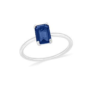 Anel Solitário Cravejado com pedra retangular azul - PRATA 925