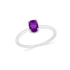 Anel solitário com pedra oval roxo - PRATA 925