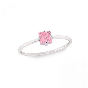 Anel feminino com pedra quadrada rosa- PRATA 925