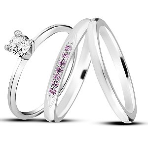 Par de alianças Mora 2mm rosa de namoro + anel solitário Classic prata 950