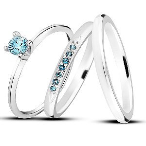 Par de alianças Mora 2mm Azul bebe de namoro + anel solitário Classic prata 950