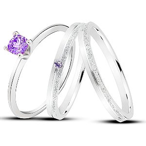 Par de alianças Cinderela 2mm  pedra lilas (roxa) de namoro + anel solitário Classic prata 950