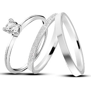 Par de alianças Lunna 2mm de namoro + anel solitário Classic prata 950
