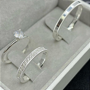 Par de alianças Gemma 3mm de namoro + anel solitário Classic prata 950