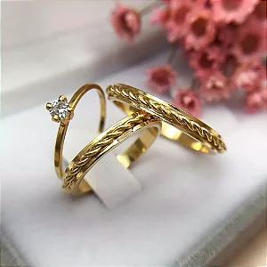 Par de alianças casamento Santorini 3mm de moeda antiga - Anel solitário Brinde