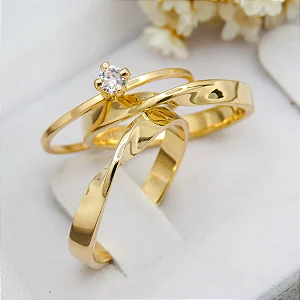 Par de alianças casamento Torcida 3mm de moeda antiga - Anel solitário Brinde