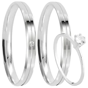 Par de alianças Athena 3mm de namoro + anel solitário prata 950