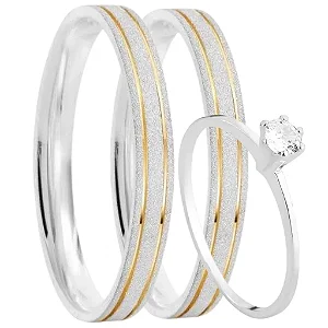 Par de alianças Isabel 3mm de namoro + anel solitário prata 950