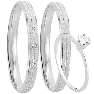 Par de alianças Paris 3mm de namoro + anel solitário prata 950