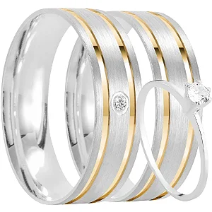 Par de alianças Valentina 4mm de namoro + anel solitário prata 950