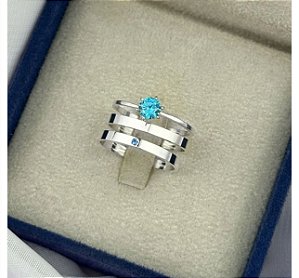 Alianças de Namoro Prata 950 Original Reta Polida 2mm Minimalista com Anel Solitario azul bebe