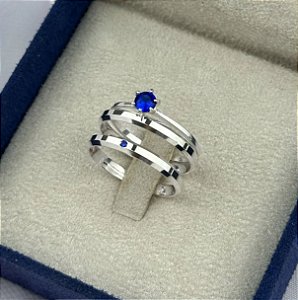 ALIANÇAS DE NAMORO PRATA 950 COM ANEL SOLITÁRIO DE COMPROMISSO 2MM  AZUL ESCURO