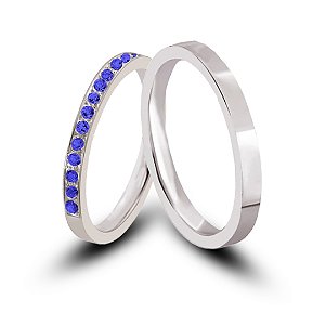 Par de Alianças Belle De Prata 950 2mm Minimalista com 10 Pedras Safira azul