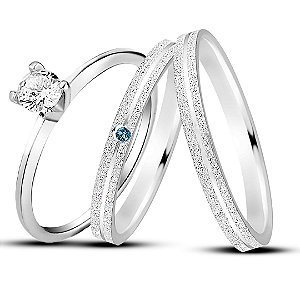 Par de alianças Aura 2mm Azul bebe de namoro + anel solitário Classic prata 950