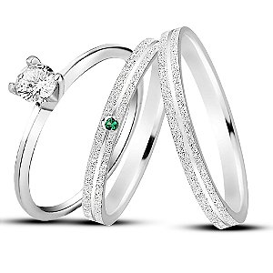 Par de alianças Aura 2mm Verde de namoro + anel solitário Classic prata 950