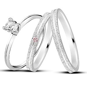 Par de alianças Aura 2mm Rosa de namoro + anel solitário Classic prata 950