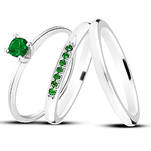 Par de alianças Mora 2mm Verde de namoro + anel solitário Classic prata 950