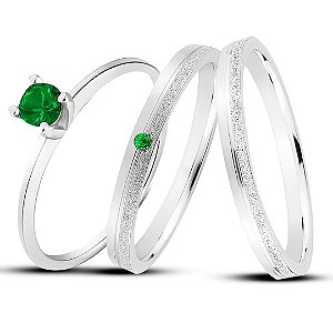 Par de alianças Cinderela 2mm  pedra  Verde de namoro + anel solitário Classic prata 950