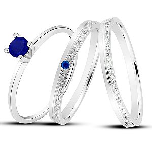 Par de alianças Cinderela 2mm  pedra  Azul escuro de namoro + anel solitário Classic prata 950