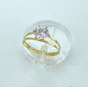 Anel de Ouro 18k Solitário Cálice Aro Duplo com Zircônia Branco