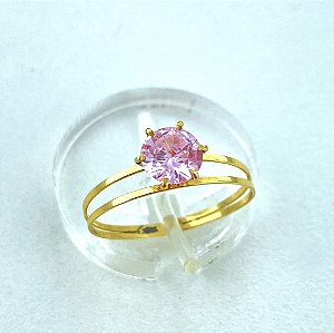 Anel de Ouro 18k Solitário Cálice Aro Duplo com Zircônia Rosa