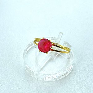 Anel de Ouro 18k Solitário Cálice Aro Duplo com Zircônia Vermelho