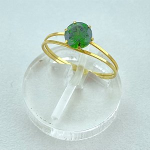 Anel de Ouro 18k Solitário Cálice Aro Duplo com Zircônia Verde