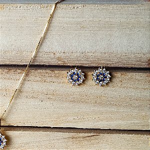 Brinco de Ouro 18k Chuveiro com Detalhe em Zirconias Azuis