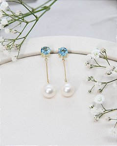 Brinco de Ouro 18K Pendurado com Pedra Natural e Pérola