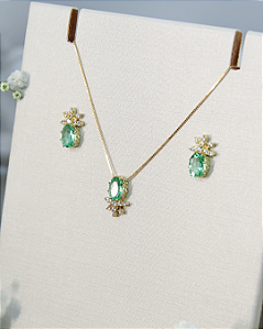 Conjunto de Ouro 18K Abacaxi com Zircônia Verde