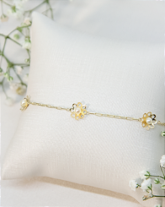 Pulseira de Ouro 18K 5 Flor com Pérolas