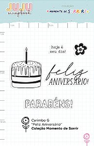 PROMO - Colecao Momento de Sorrir - Carimbo G Feliz Aniversario - Juju Scrapbook