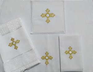 ALFAIAS LITÚRGICAS BORDADAS DE ALTAR PARA IGREJA CATÓLICA CRUZ COM HÓSTIA - COM TOALHA PARA MÃOS