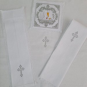 ALFAIAS LITÚRGICAS PARA ALTAR BORDADO PELICANO COR PRATA MANUST LINHO