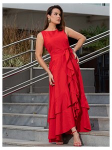 VESTIDO TAFETA COM BABADO E FLOR - LUZIA FAZZOLLI