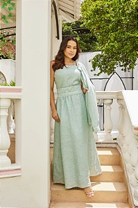 CONJUNTO SAIA MIDI E BLUSA REGATA EM LINHO VERDE - DOCE MARIA