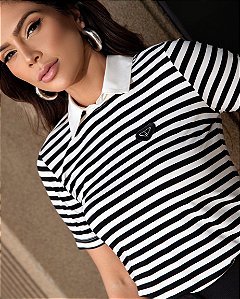 BLUSA POLO MALHA LISTRADA COM GOLA PRETA - LUZIA FAZZOLLI