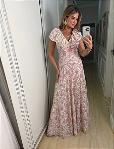 VESTIDO LAISE DECOTE V MG BABADO ROSA - DELIGHT