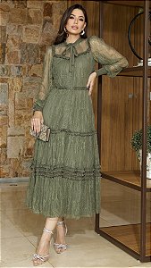 VESTIDO RENDA CHANTILLY COM BABADINHO - LUZIA FAZZOLLI