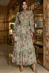 VESTIDO CHIFON ESTAMPADO SAIA ASSIMÉTRICA - LUZIA FAZZOLLI