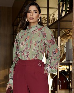 BLUSA CHIFFON ESTAMPADA COM PREGRAS - LUZIA FAZZOLLI