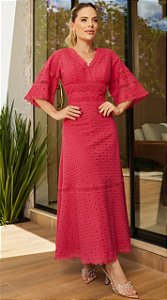 VESTIDO MIDI EM LAISE COM GUIPIR PINK - DOCE MARIA