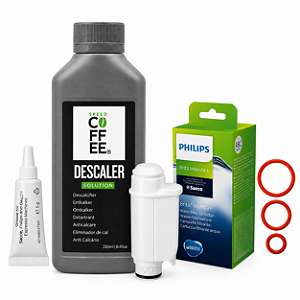 Kit manutencao Saeco, Philips Walita, 1 descalcificante, 1 graxa atoxica 5g, 1 filtro de agua + 3 aneis Oring