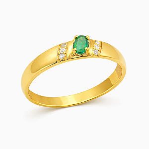 Anel em Ouro 18K com Diamante e Esmeralda Oval