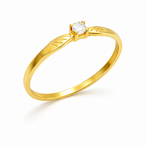 Anel em Ouro 18K Solitário com Zircônia Chapa com Frisos