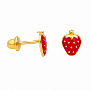 Brinco em Ouro 18k Morango Esmaltado Infantil
