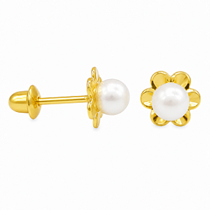 Brinco em Ouro 18k Pérola 3 mm com Flor