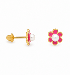 Brinco em Ouro 18k Pérola com Flor Baby