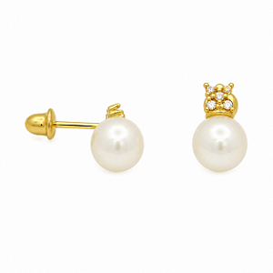 Brinco em Ouro 18k Pérola com Zircônias Baby (Par)
